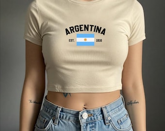Argentina Flag baby tee, Argentina Soccer Team y2k Tee, Argentine Fan Baby tee, Womens Football Top, Gray Crop Shirt