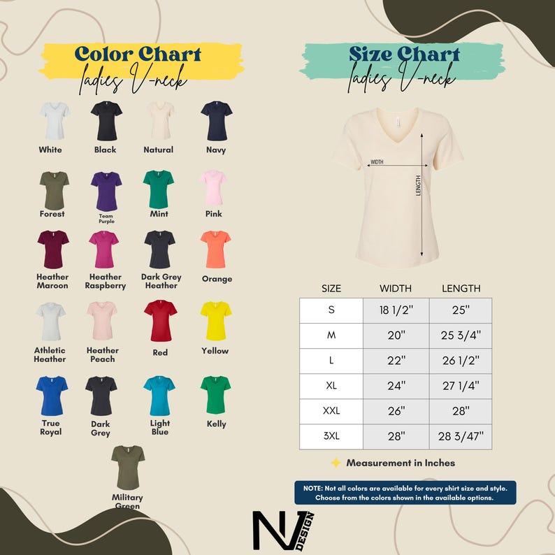 The image is a color chart and size chart for various women's t-shirts, displaying different color options and corresponding measurements for each size.