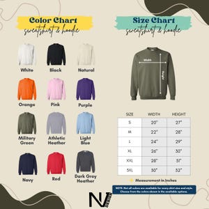 The image is a color chart and size chart for a sweatshirt and hoodie, displaying various color options and corresponding measurements.