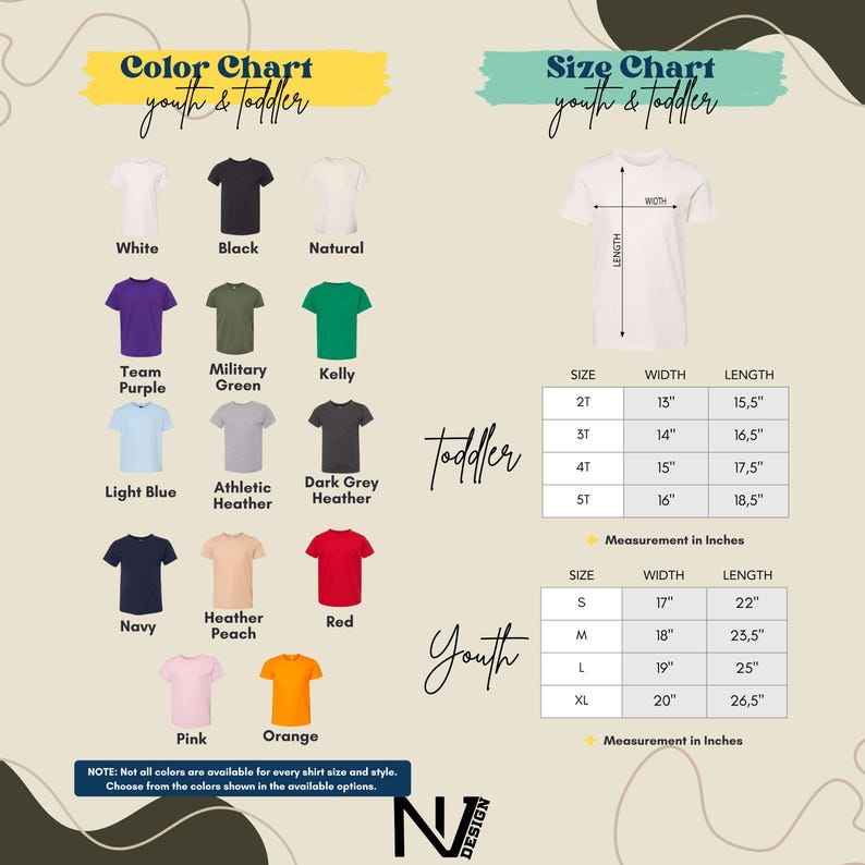 The image is a color chart and size chart for youth and toddler clothing, displaying various shirt colors and corresponding measurements for different age groups.