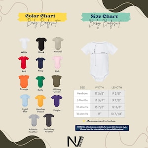 The image is a color chart and size chart for a baby bodysuit, displaying various color options and corresponding measurements for different age groups.