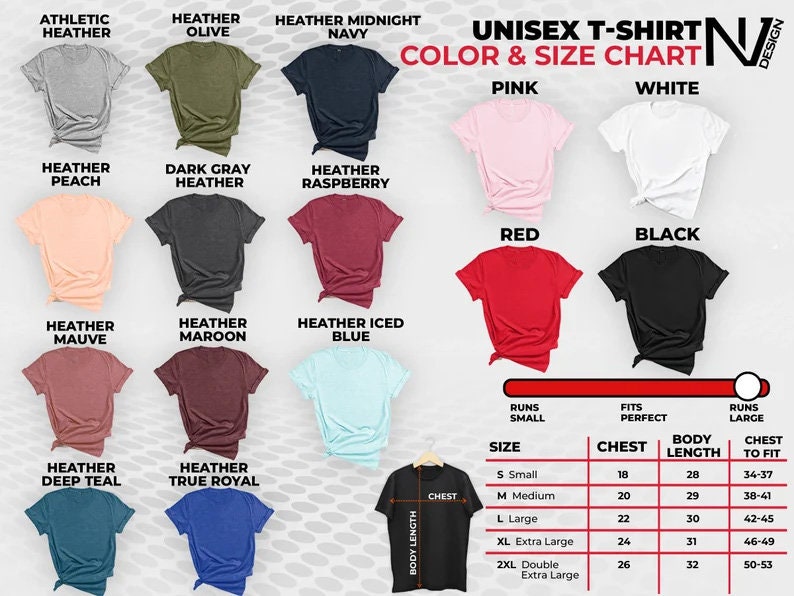 Puede incluir: Tabla de tallas de camiseta unisex con opciones de color. La tabla muestra diferentes colores de camisetas, incluyendo gris deportivo, oliva jaspeado, azul marino jaspeado, melocot&oacute;n jaspeado, gris oscuro jaspeado, frambuesa jaspeado, malva jaspeado, azul oscuro jaspeado, granate jaspeado, azul real jaspeado y azul helado jaspeado. La tabla tambi&eacute;n incluye una gu&iacute;a de tallas con medidas de pecho, largo del cuerpo y pecho a la talla en pulgadas.
