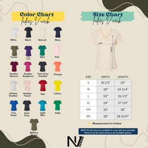 The image is a color chart and size chart for various women's t-shirts, displaying different color options and corresponding measurements for each size.
