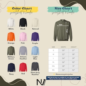 The image is a color chart and size chart for a sweatshirt and hoodie, displaying various color options and corresponding measurements.