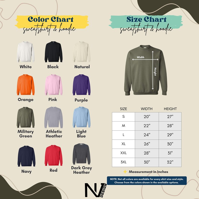 The image is a color chart and size chart for a sweatshirt and hoodie, displaying various color options and corresponding measurements.