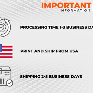 May include: An image with the text "IMPORTANT INFORMATION" at the top. Below are icons and text indicating processing time, printing and shipping location, and shipping time. The American flag is also displayed.