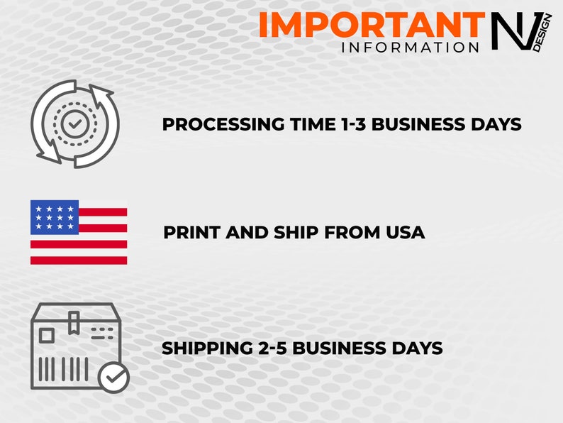 May include: An image with the text "IMPORTANT INFORMATION" at the top. Below are icons and text indicating processing time, printing and shipping location, and shipping time. The American flag is also displayed.