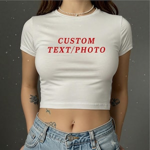 Custom Photo Text Baby Tee, Crop Top Personalized Picture Baby Tee, Personalized Y2K Shirt, Aesthetic Tee, Trendy Y2K Fashion