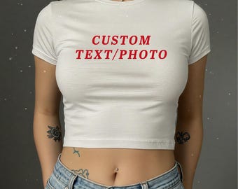 Camiseta de bebé con texto y foto personalizados, top corto con foto personalizada, camiseta Y2K personalizada, camiseta estética, moda Y2K de tendencia