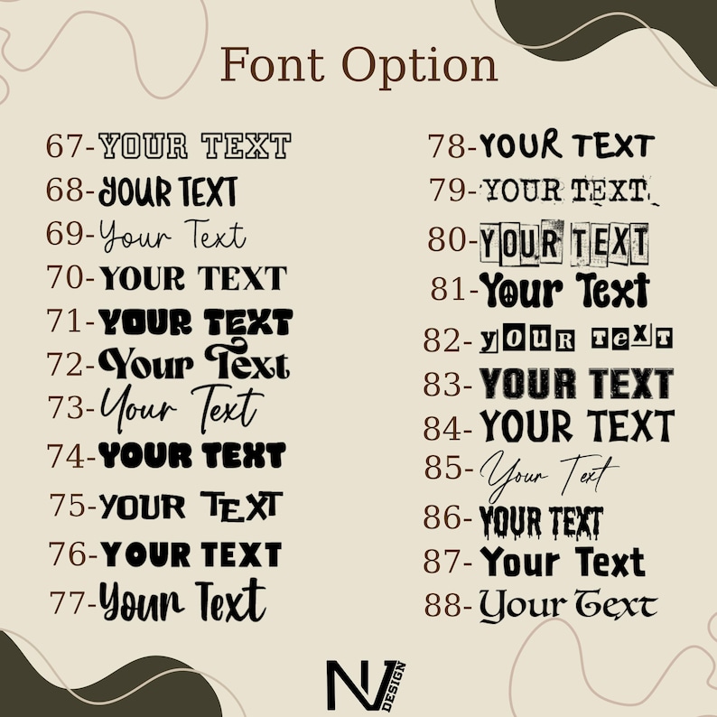 a font option menu with various font styles ranging from 67 to 88. The menu provides a visual representation of the font options available for use in different contexts, such as text, logos, or other design elements.