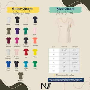 The image is a color chart and size chart for various women's t-shirts, displaying different color options and corresponding measurements for each size.