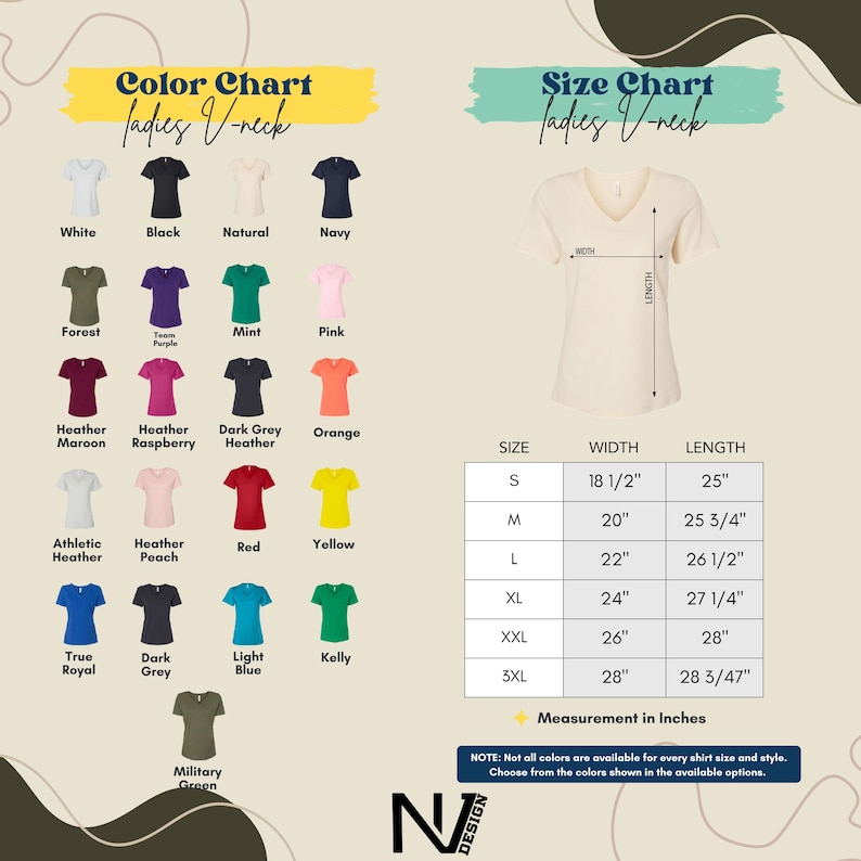 The image is a color chart and size chart for various women's t-shirts, displaying different color options and corresponding measurements for each size.