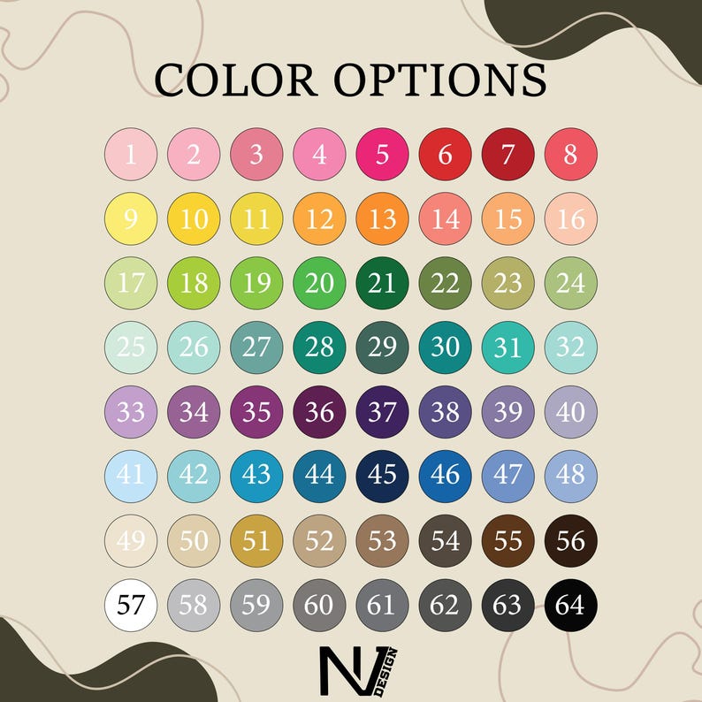 a grid of color options, with each color represented by a circle and the corresponding number. The color options are numbered 1 through 64, and the image is a collage of multiple images.