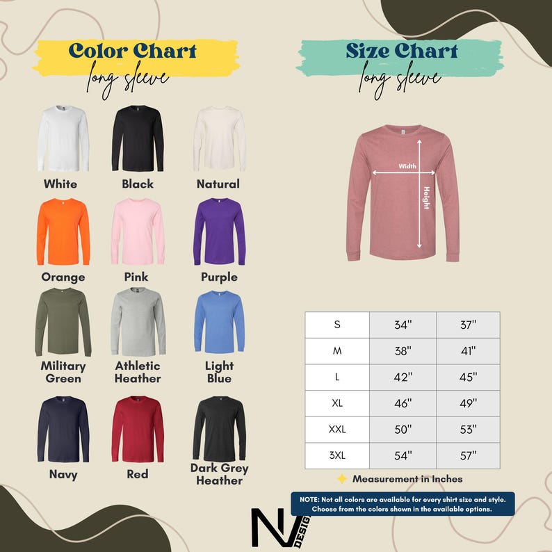 The image is a color chart and size chart for long sleeves, displaying various long sleeve shirts in different colors and sizes.