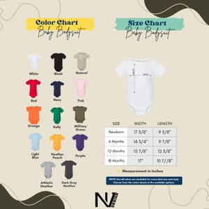 The image is a color chart and size chart for a baby bodysuit, displaying various color options and corresponding measurements for different age groups.