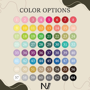 a grid of color options, with each color represented by a circle and the corresponding number. The color options are numbered 1 through 64, and the image is a collage of multiple images.