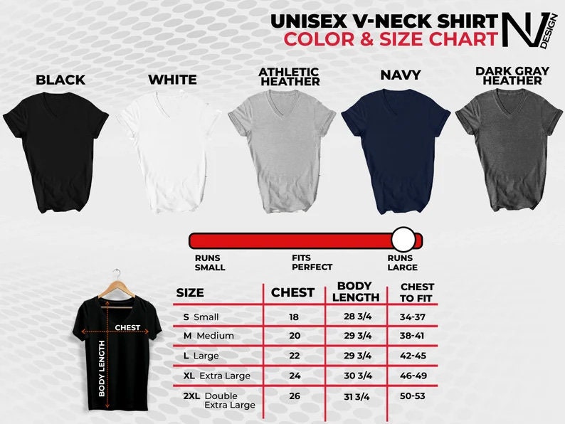 Puede incluir: Tabla de tallas para una camiseta unisex de cuello en V con cinco opciones de color: negro, blanco, gris deportivo, azul marino y gris oscuro jaspeado. La tabla muestra las medidas del pecho en pulgadas, la longitud del cuerpo en pulgadas y el pecho para ajustar en pulgadas.