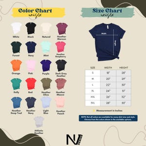 The image is a color chart and size chart for a variety of t-shirt designs, including different colors and corresponding sizes.