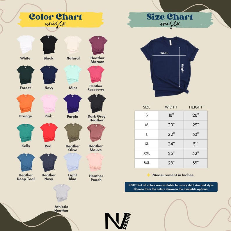The image is a color chart and size chart for a variety of t-shirt designs, including different colors and corresponding sizes.