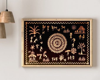 Ancient Folk Art, Modern Wall Art, Indian Warli Folk Art, Gold and Copper Art, Metallic Copper Acrylic Painting, Mid Century Modern Art