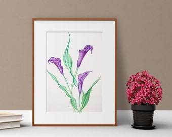 Calla Lily, Purple calla lily, lilies, spring flowers art, floral room decor, floral art decor, botanical picture frame, floral gift frame