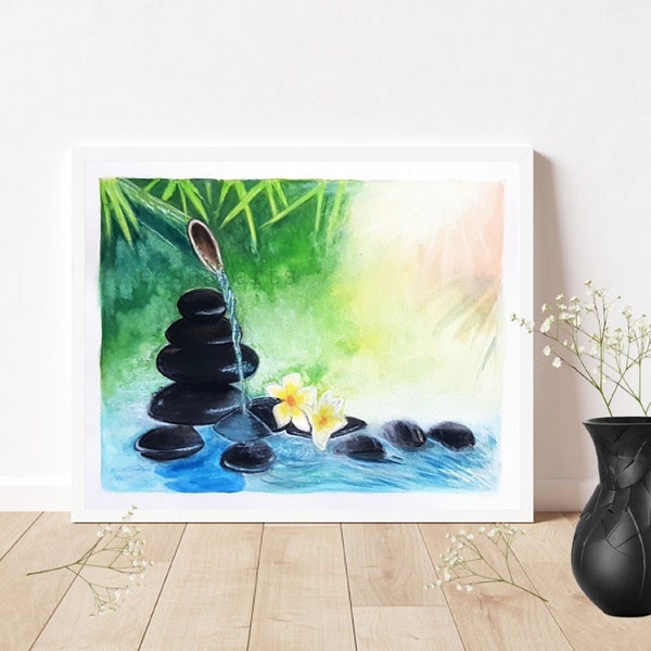 zen stones art, japanese zen art, water fountain, plumeria flower, water flowing art decor, peaceful and calm, frangipani painting art print