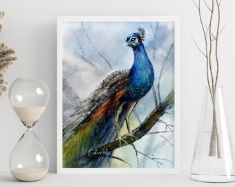 Peacock living room wall art, Instant download wall decor, country farmhouse bird art print, Indian peacock painting, exquisite peacock art