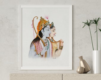 Lord Rama Hindu God Painting, Ram Sita wall Art, Religious God Art Print, Divine Ram Sita Digital Art, Religious Hindu God India Painting