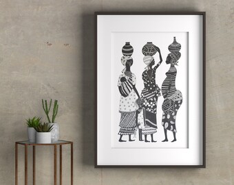 African Tribal Art, ink art print, monochrome art, folk art painting, fine art print, abstract wall art, figurative wall art, home decor art