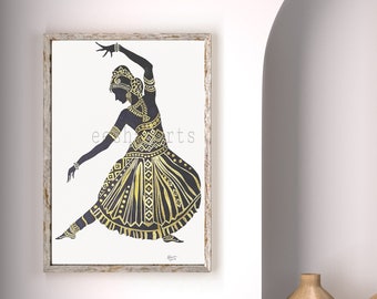 Classical dancer Painting with golden and black ink on paper, Indian classical dancer painting, Folk dance painting, female dancer painting