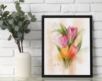 Tulips Wall Art, Printable Botanical Art, Floral Wall Decor Painting, Colorful Living room Wall Decor, Printable Digital Floral Illustration