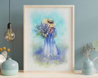 Printable Lavender Landscape Watercolor Painting, Countryside Painting Lavender Field, girl in a hat Provence lavender spring digital art