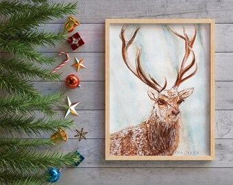 Reindeer wall art, Xmas gift, Christmas Snow Art Print, Moose Elk Watercolor Print, Wildlife wall decor, Animal wall art, Animal Art Prints