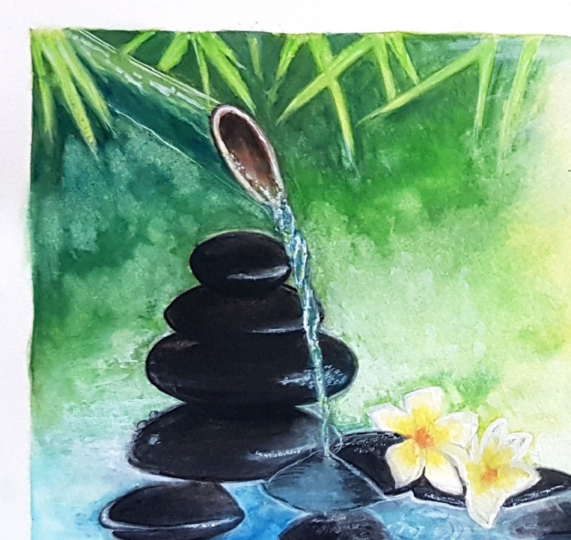 Zen Stones Art, Japanese Zen Art, Water Fountain, Plumeria Flower