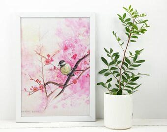 Cherry blossoms, spring season, Sakura flowers, bird painting, pink sakura painting, pink cherry blossoms wall art, Japanese wall art decor