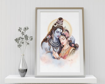 Shankar Parvati Painting, Lord Shiva, Hindu God Painting, Devotional Art, Shiva Parvati Art, Indian Painting, Religious Hindu God Painting