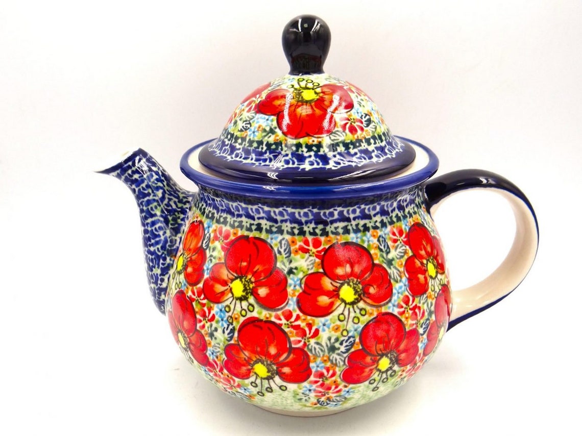 Decorative unique teapot with red flowers poppies Etsy