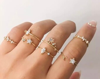 Moon and Stars Ring Set, Zodiac Tumblr Boho Gold, Star Ring, Moon Ring, Astrology Ring Set, Gift Ring Set, Constellation Ring, Silver Rings