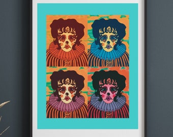 Färgglad clownposter, harlekintryck, nyckfull cirkusdekor, pierrot popkonst, maximalistisk hempresent