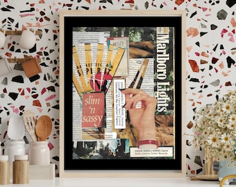 Vintage Cigarette Collage Poster | Retro Tobacco Wall Art, Grunge Advertising Print, Eclectic Decor