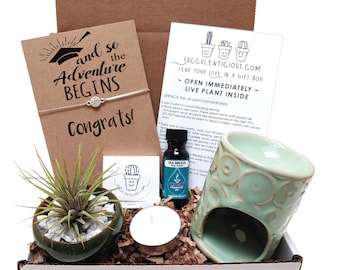 Graduation Care Package, Graduation Gifts, Care Package for Graduate, Let the Adventure Begin, Succulent Gift Box Soy Candle Compass Chain