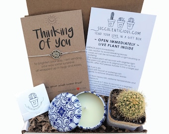 May include: A gift box with a brown kraft paper exterior. The box contains a small cactus plant, a candle in a blue and white patterned tin, a bracelet with a sun charm, and a card with the text "Thinking of you".