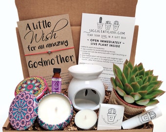 Godmother Gifts, Godmother Gift Box for Godmother Care Package, Gift for Godmother Succulent Gift Box Soy Candle Oil Gift Box Heart Bracelet