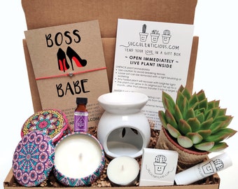 Boss Babe Gift, Women Care Package, Relaxation Gift for Women, Succulent Gift Box Essential Oil Diffuser Natural Succulents Soy Candle Set