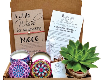 May include: A gift box with a succulent plant, two small candles with mandala designs, and a red string bracelet with a heart charm. The box has a card that says "A Little Wish for an Amazing Niece" and a card with instructions for caring for the succulent plant.
