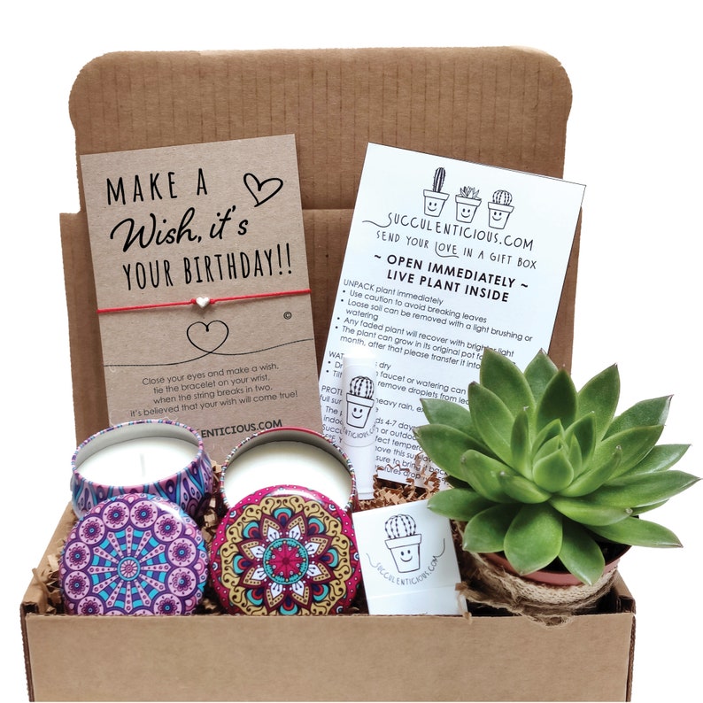 May include: A brown cardboard box with a red string bracelet, two small candles with mandala designs, and a small potted succulent plant. The box also includes a card with the text "Make a Wish, it's Your Birthday!" and a card with instructions for caring for the succulent plant.