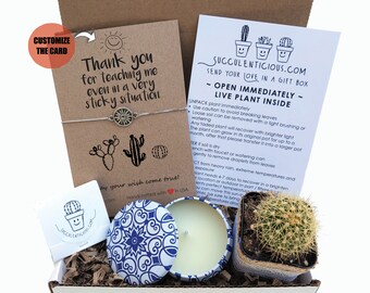Teacher Gifts, Thank You Gift, Succulent Care Package, Succulent Gift Box Cactus Quote Thank you for Teaching Soy Candle Gift Sun Chain