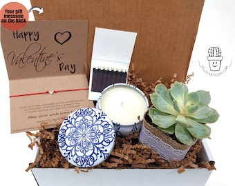 Care Package, Valentines Day Gift for Her, Succulent Gift Box Self Care Gift Box Long Distance Gift Soy Candle Oil Diffuser Heart Bracelet