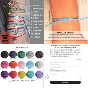 May include: A selection of colorful bracelets with various charms, including a puzzle, handcuffs, arrow, compass, infinity symbol, open star, solid star, cross, paw print, heart, and apple. The bracelets are made with a macrame closure and can be customized with a personalized message. The image also shows a selection of colors for the bracelets, including black, navy blue, green, grey, brown, hot pink, orange, light pink, light blue, white, purple, red, yellow, turquoise, and lavender.