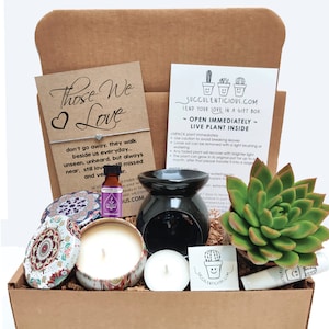 May include: A brown cardboard box filled with a succulent plant, a black oil diffuser, a candle, and a small bottle of essential oil. The box also includes a card with the text "Those We Love" and a small white heart. The box is a gift set for someone special.